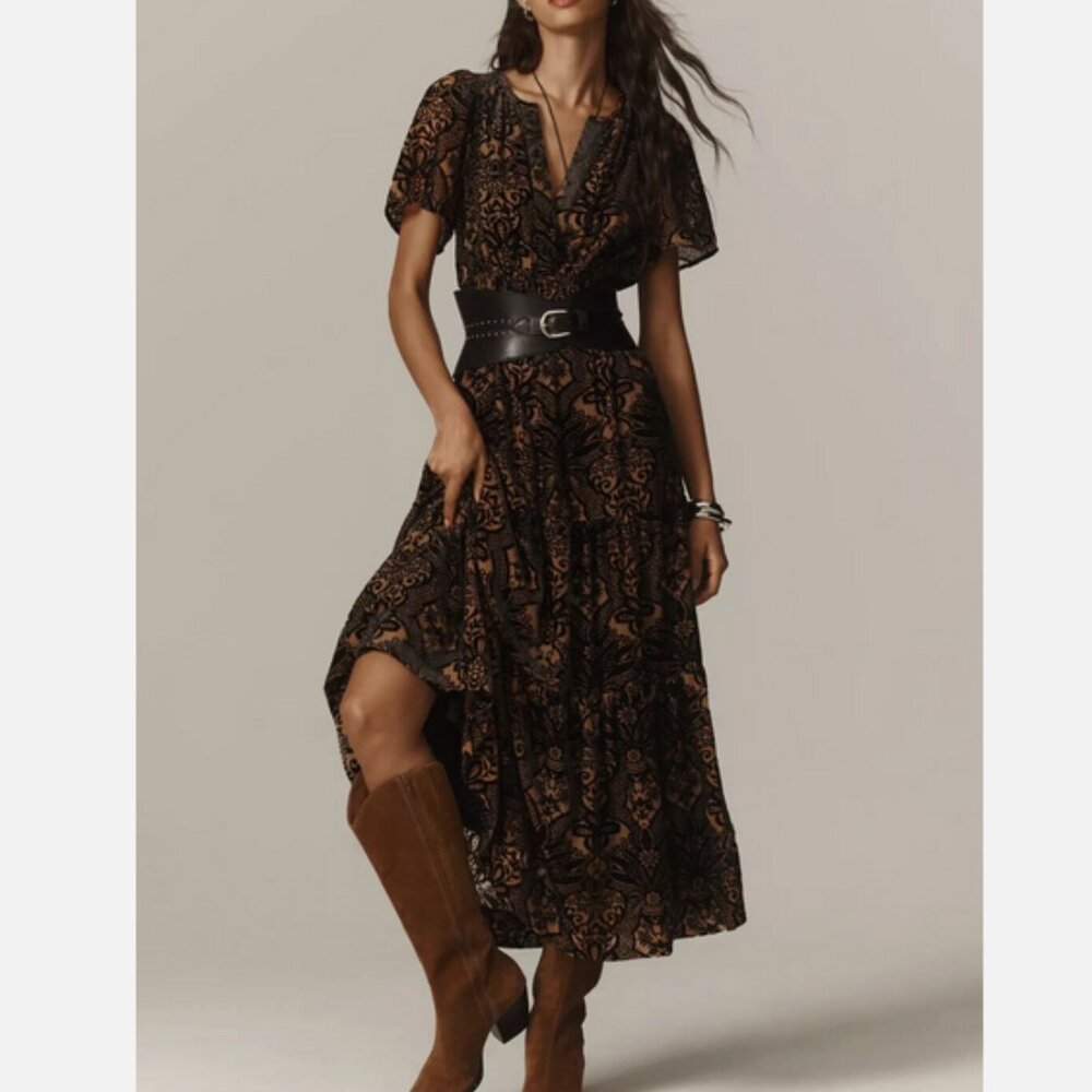 Anthropologie The Somerset Velvet Edition Maxi Dress Tiered Black Brown XS NWT